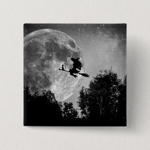 Witch flying on the broom with her cat 15 cm square badge