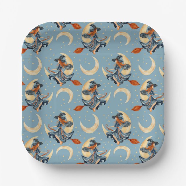 Witch flying on the cresent moon  paper plate (Front)