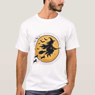 Witch Flying Over Full Moon Silhouette Art T-Shirt