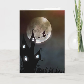 Witch Flying Over Haunted House Halloween Card