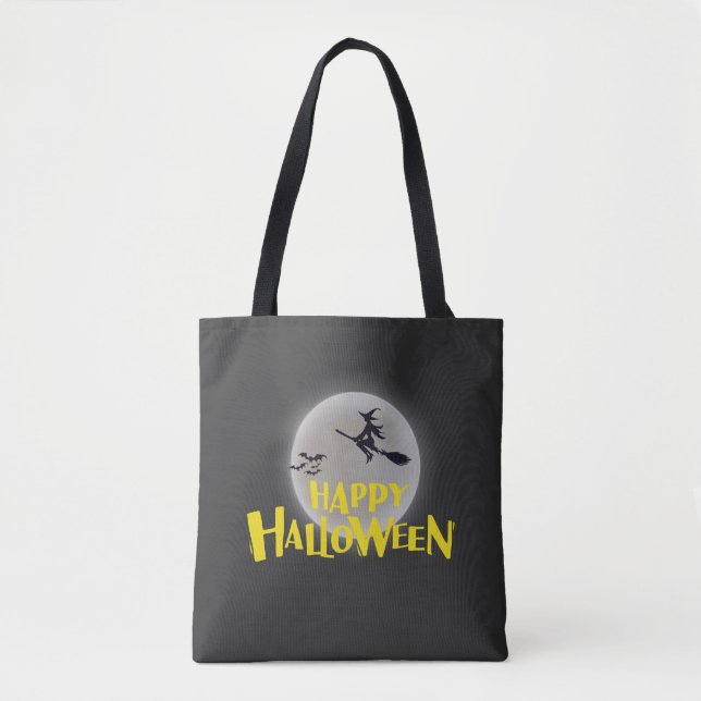 Witch Flying Over Moon Happy Halloween Tote Bag (Front)