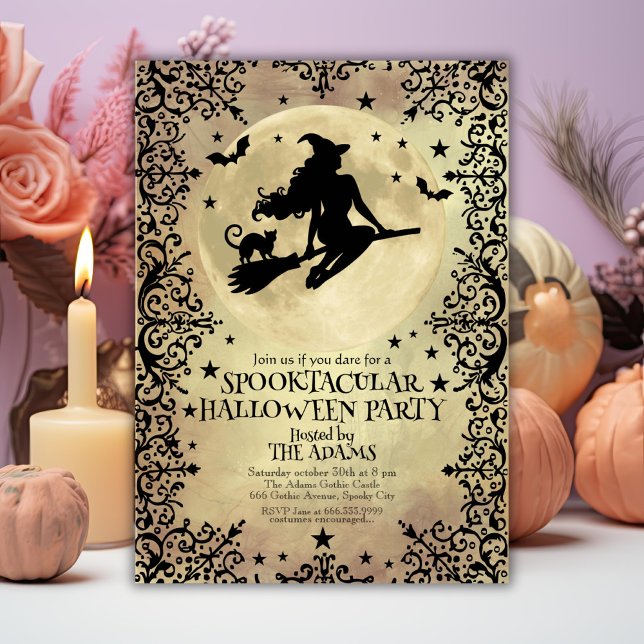 Witch Flying over the Stars Adult Halloween Party Invitation (Creator Uploaded)