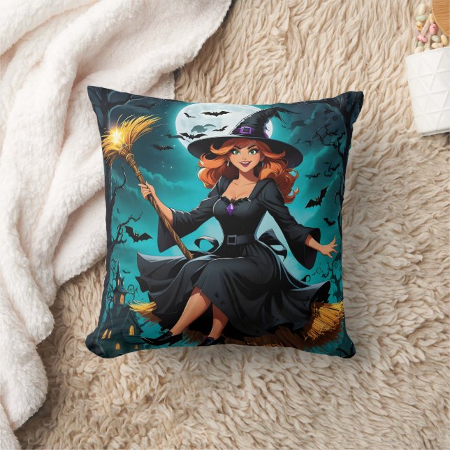 Witch flying through a moonlit night with bats cushion (Blanket)
