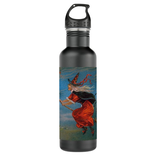 Witch Flying with Black Cat on Halloween Night  710 Ml Water Bottle (Front)