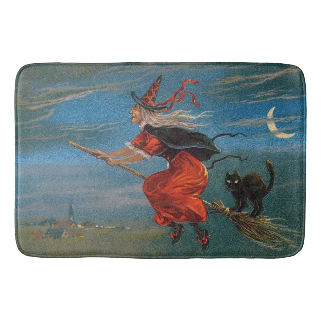 Witch Flying with Black Cat on Halloween Night  Bath Mat (Front)