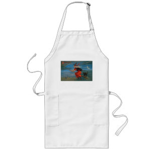 Witch Flying with Black Cat on Halloween Night Long Apron
