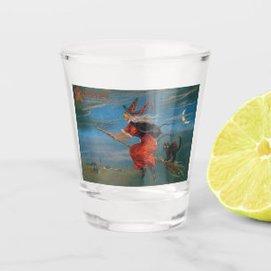 Witch Flying with Black Cat on Halloween Night Shot Glass
