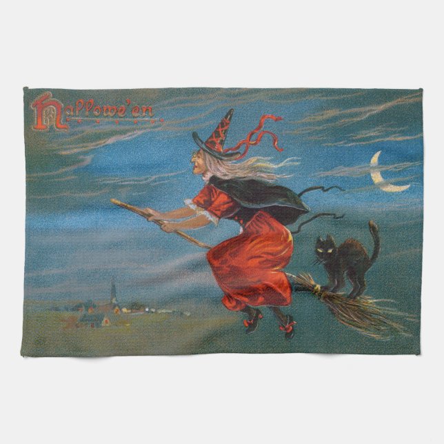 Witch Flying with Black Cat on Halloween Night  Tea Towel (Horizontal)