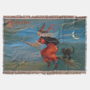 Witch Flying with Black Cat on Halloween Night  Throw Blanket