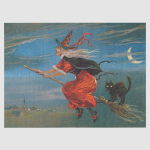 Witch Flying with Black Cat on Halloween Night Tissue Paper