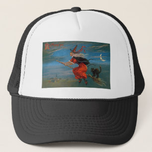 Witch Flying with Black Cat on Halloween Night Trucker Hat