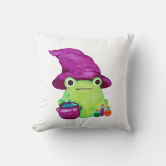 Witch Frog With Caldron and Potions Watercolor Cushion