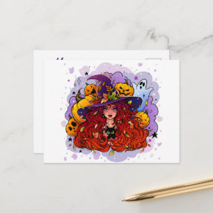 Witch Ghost and Pumpkins Postcard