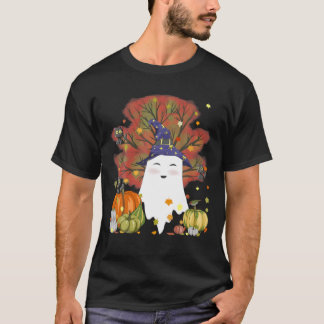 Witch Ghost Cat Pumpkin Coffee Lover Fall Leaves H T-Shirt