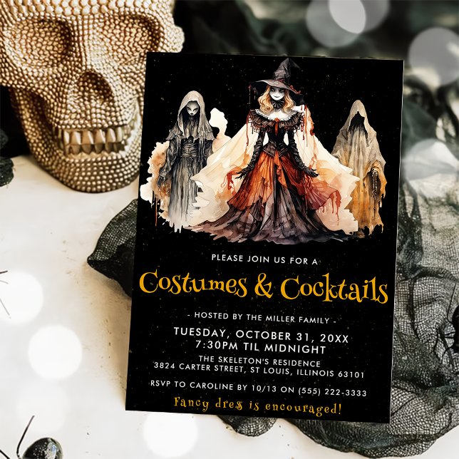 Witch & Ghost Costumes & Cocktails Halloween Party Invitation (Creator Uploaded)