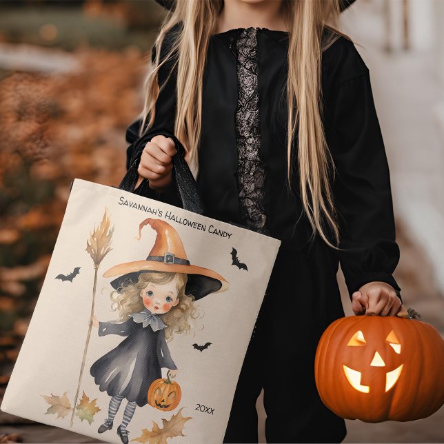 Witch Girl Personalised Halloween Candy Tote Bag (Creator Uploaded)