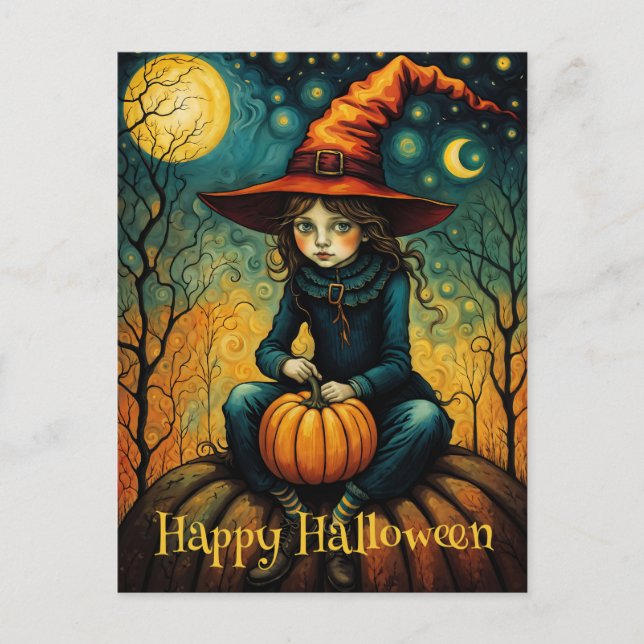 Witch Girl Sit On A Pumpkin Halloween  Postcard (Front)
