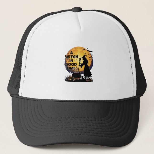Witch Good Time Halloween Moon Cauldron_1 Trucker Hat (Front)