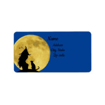 Witch greeting black cat silhouette under fullmoon