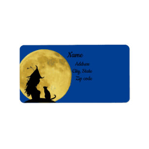 Witch greeting black cat silhouette under fullmoon label
