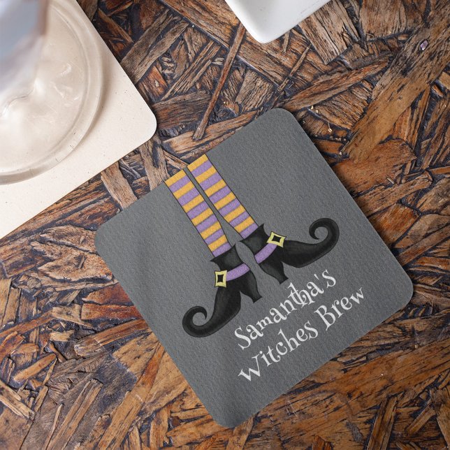 Witch Halloween Cute Custom Party Square Paper Coaster (Cute Witches Brew Halloween Party Paper Coaster.)