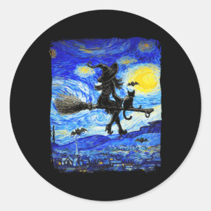 Witch Halloween Starry Night Van Gogh Aesthetic Pa Classic Round Sticker