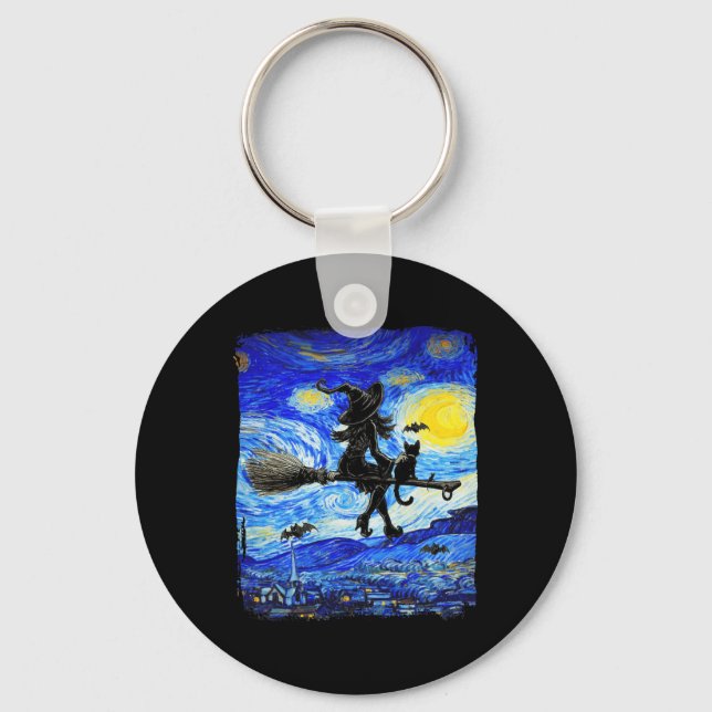 Witch Halloween Starry Night Van Gogh Aesthetic Pa Key Ring (Front)