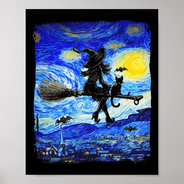 Witch Halloween Starry Night Van Gogh Aesthetic Pa Poster (Front)