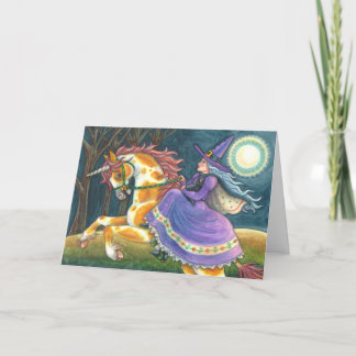 WITCH & HALLOWEEN UNICORN, BLACK CAT Fantasy Horse Holiday Card