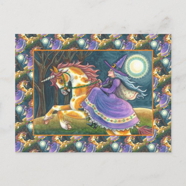 WITCH & HALLOWEEN UNICORN, BLACK CAT Fantasy Horse Holiday Postcard (Front)