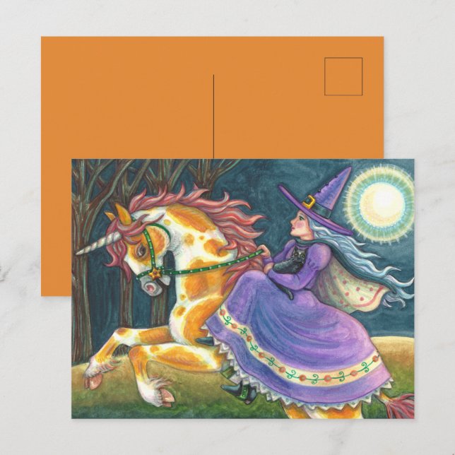 WITCH & HALLOWEEN UNICORN, BLACK CAT Fantasy Horse Holiday Postcard (Front/Back)