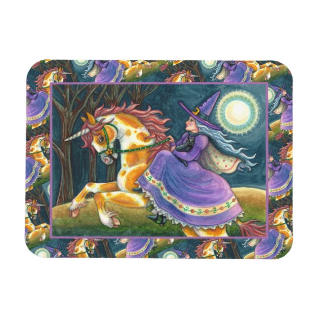 WITCH & HALLOWEEN UNICORN, BLACK CAT Fantasy Horse Magnet (Horizontal)