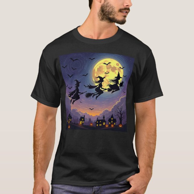 witch Halloween witches Starry Night Van Gogh cat  T-Shirt (Front)