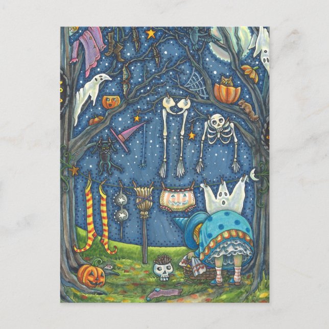 WITCH HANGING BLACK CAT, GHOST, SKELETON LAUNDRY POSTCARD (Front)