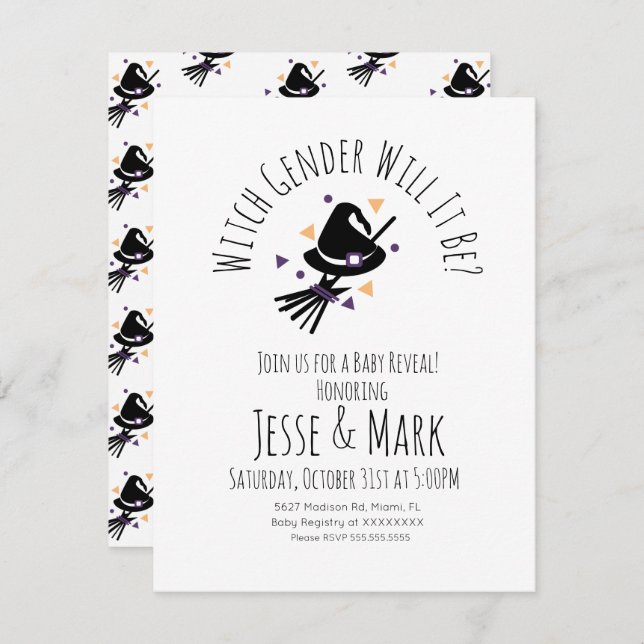 Witch Hat and Broom Halloween Fall Gender Reveal Invitation (Front/Back)