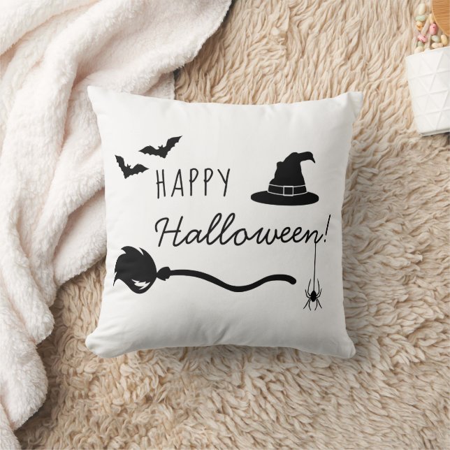 Witch Hat And Broom With Spider And Bats Halloween Cushion (Blanket)