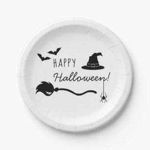 Witch Hat And Broom With Spider And Bats Halloween Paper Plate