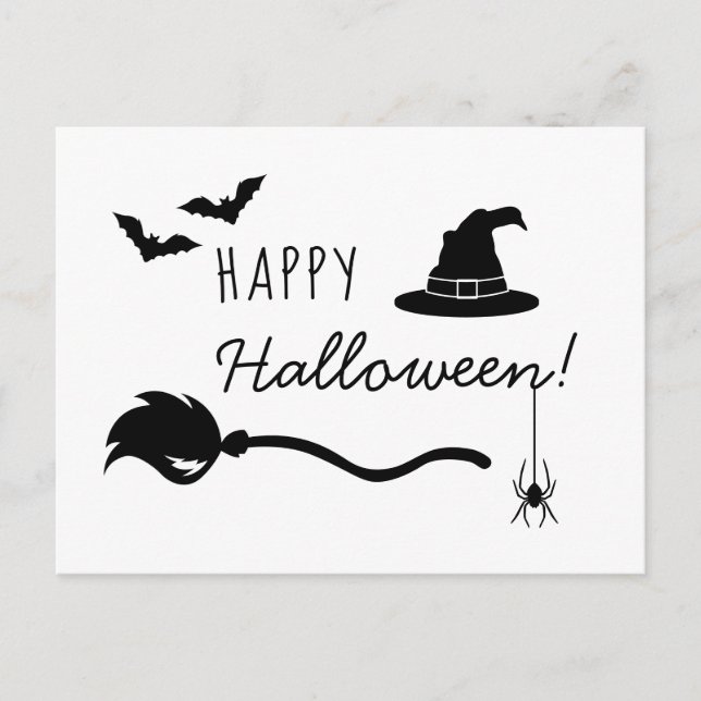 Witch Hat And Broom With Spider And Bats Halloween Postcard (Front)