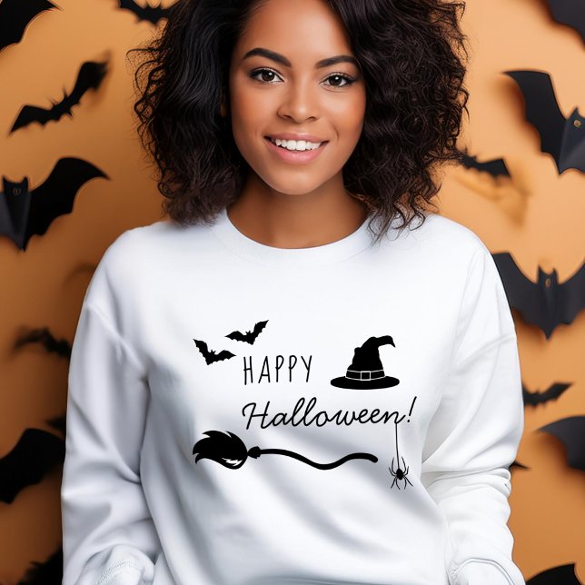 Witch Hat And Broom With Spider And Bats Halloween Sweatshirt (Please note: This image is a digital mockup.)