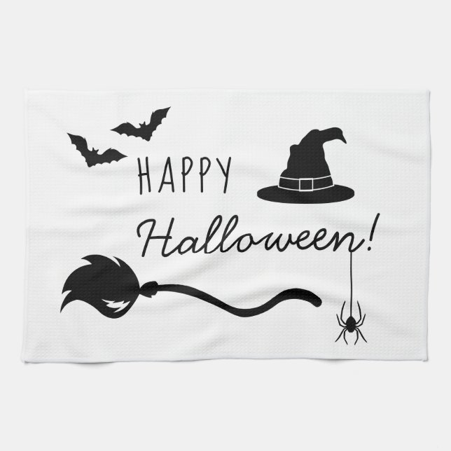 Witch Hat And Broom With Spider And Bats Halloween Tea Towel (Horizontal)