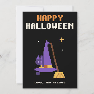 Witch Hat and Cat Pixel Art Halloween Card