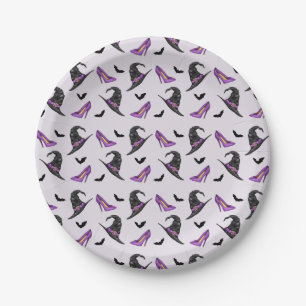Witch Hat And Heels With Bats Halloween Pattern Paper Plate
