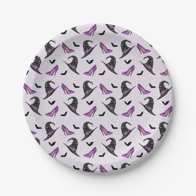 Witch Hat And Heels With Bats Halloween Pattern Paper Plate (Front)