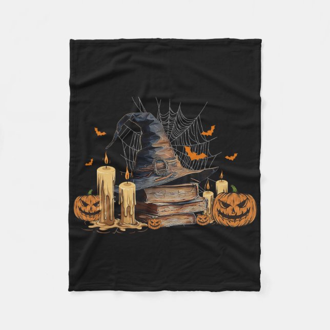 Witch Hat And Magic Book Spooky Library Halloween  Fleece Blanket (Front)