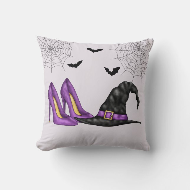 Witch Hat And Purple Shoes Whimsical Halloween Cushion (Front)