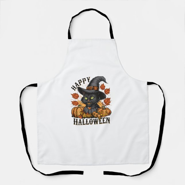 Witch Hat Black Cat Halloween Cat With Witch's Hat Apron (Front)