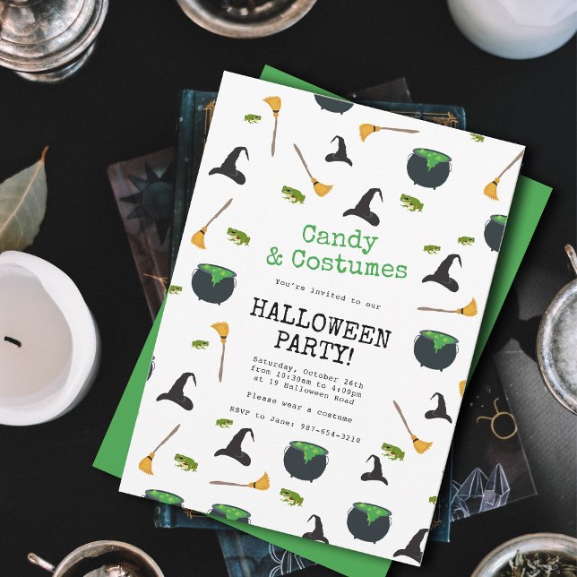 Witch Hat Broom Cauldron Green Halloween Party Invitation (Witch Hat Broom Caldron Green Halloween Party Invitation)