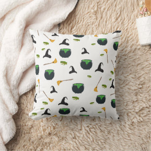 Witch Hat Broom Cauldron Halloween Pattern Cushion
