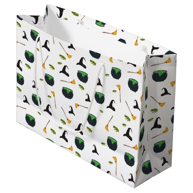 Witch Hat Broom Cauldron Halloween Pattern Large Gift Bag (Front Angled)