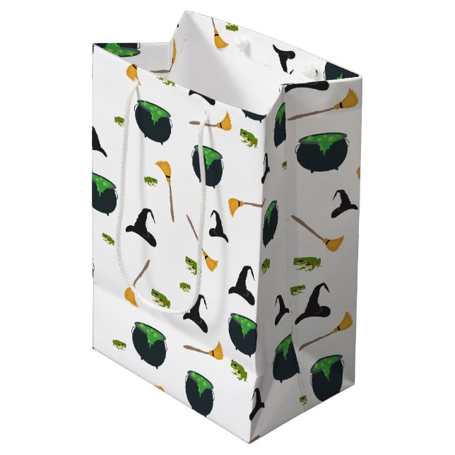 Witch Hat Broom Cauldron Halloween Pattern Medium Gift Bag (Front Angled)
